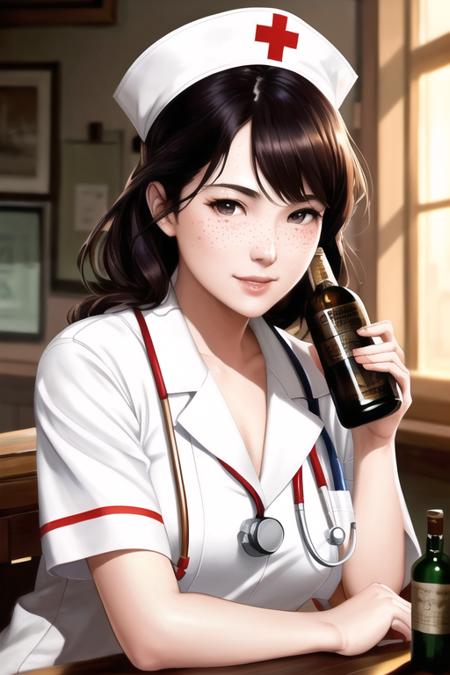 00035-1535594376-full shot body photo of the most beautiful artwork in the world featuring ww2 nurse holding a liquor bottle sitting on a desk ne.png